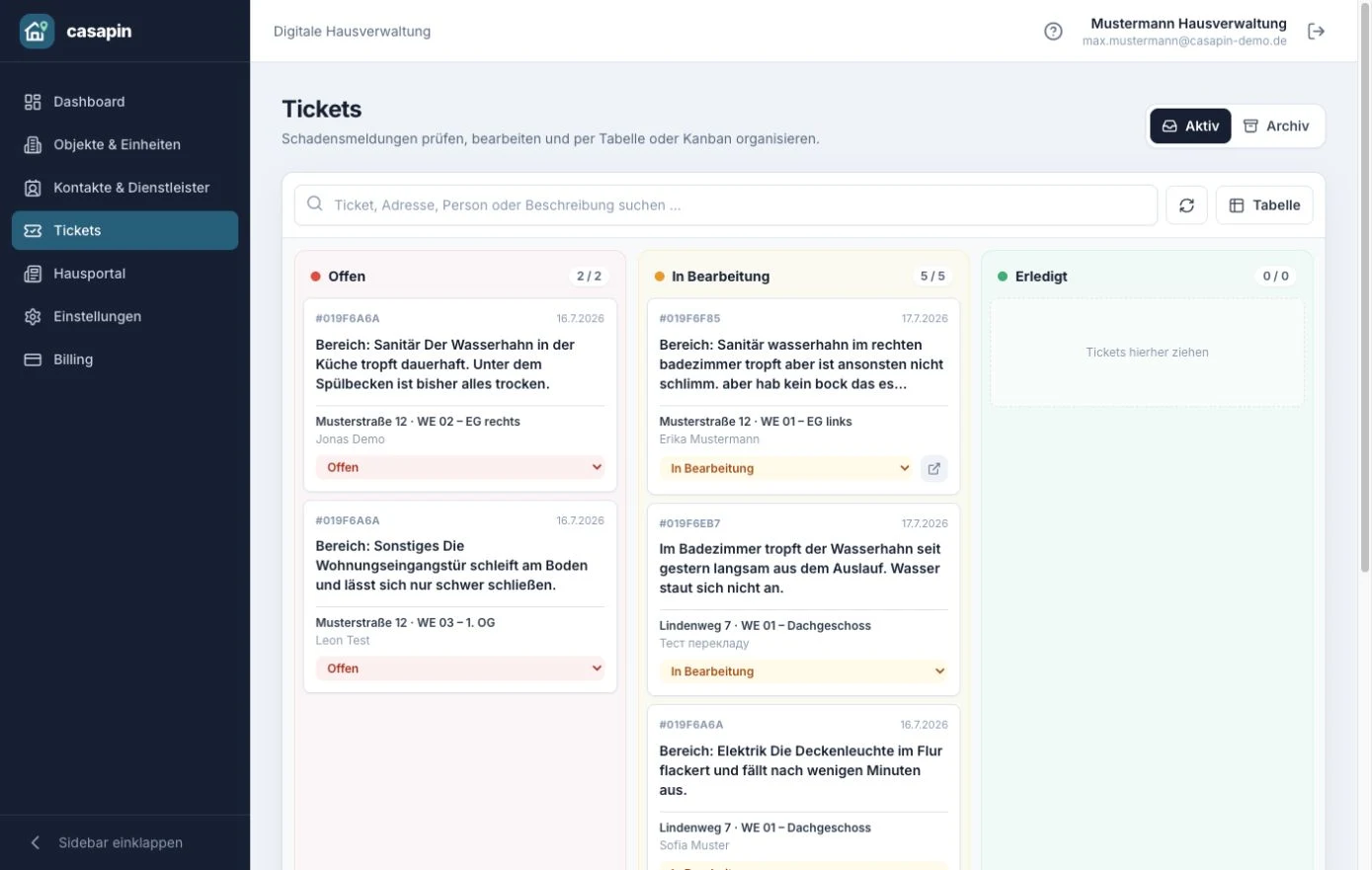 casapin Kanban-Board für offene, bearbeitete und erledigte Tickets